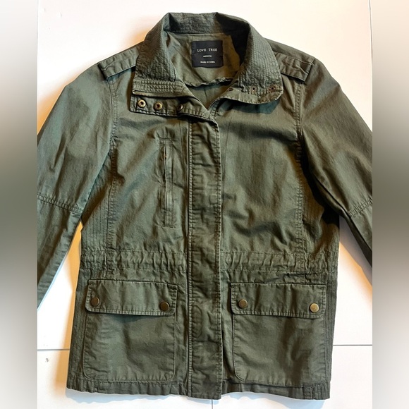 Love Tree Women’s Olive Green Utility Jacket Pockets Adjustable Waist Sz Medium - Picture 2 of 16